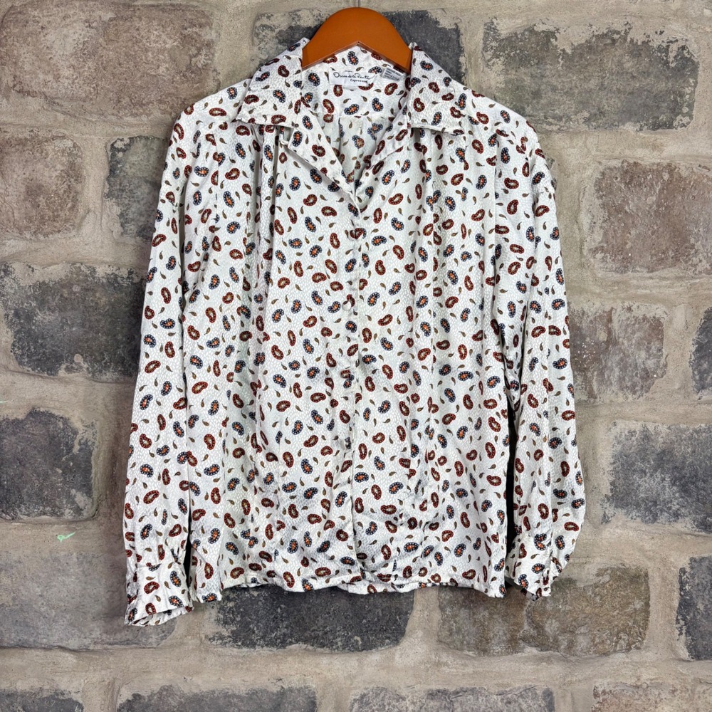 VTG Oscar de la Renta Expressions Woman's Paisley Blouse White Red Blue Size 12‎